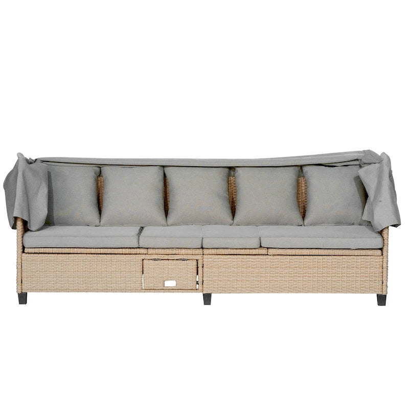 Ensemble de canapé de patio 4 pièces en résine tressée anti-UV avec auvent rétractable, coussins et table relevable