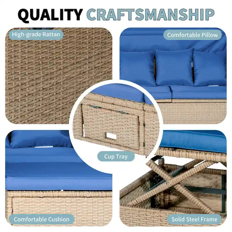 Ensemble de canapé de patio 4 pièces en résine tressée anti-UV avec auvent rétractable, coussins et table relevable