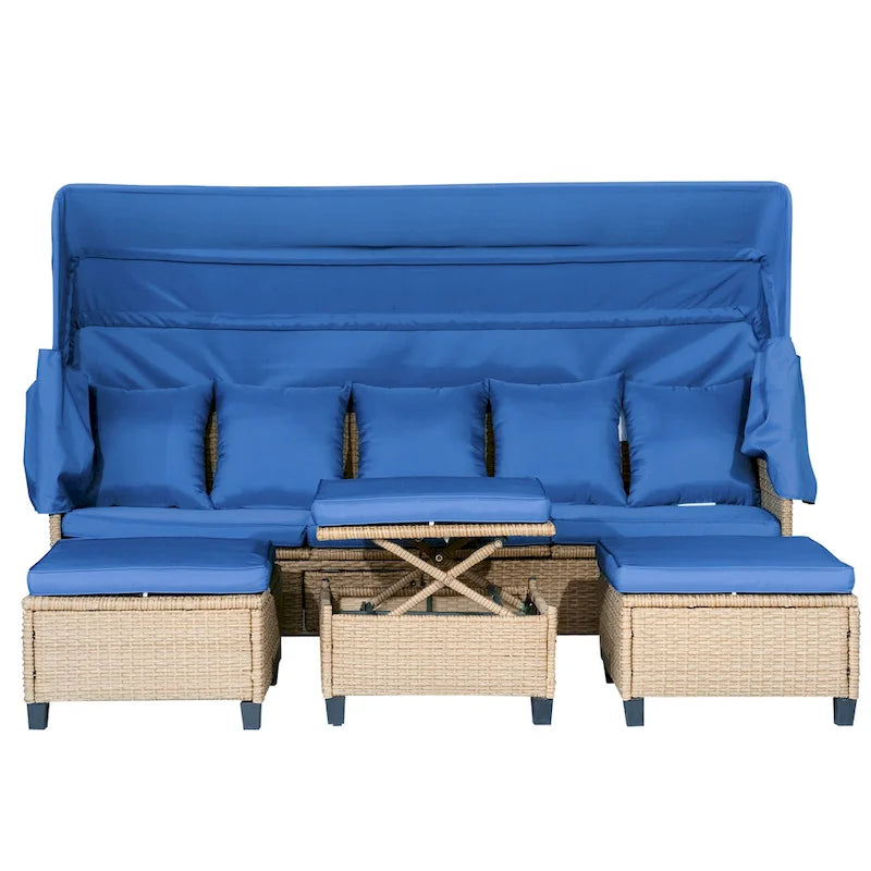 Ensemble de canapé de patio 4 pièces en résine tressée anti-UV avec auvent rétractable, coussins et table relevable