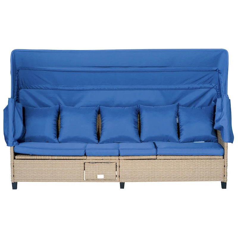 Ensemble de canapé de patio 4 pièces en résine tressée anti-UV avec auvent rétractable, coussins et table relevable