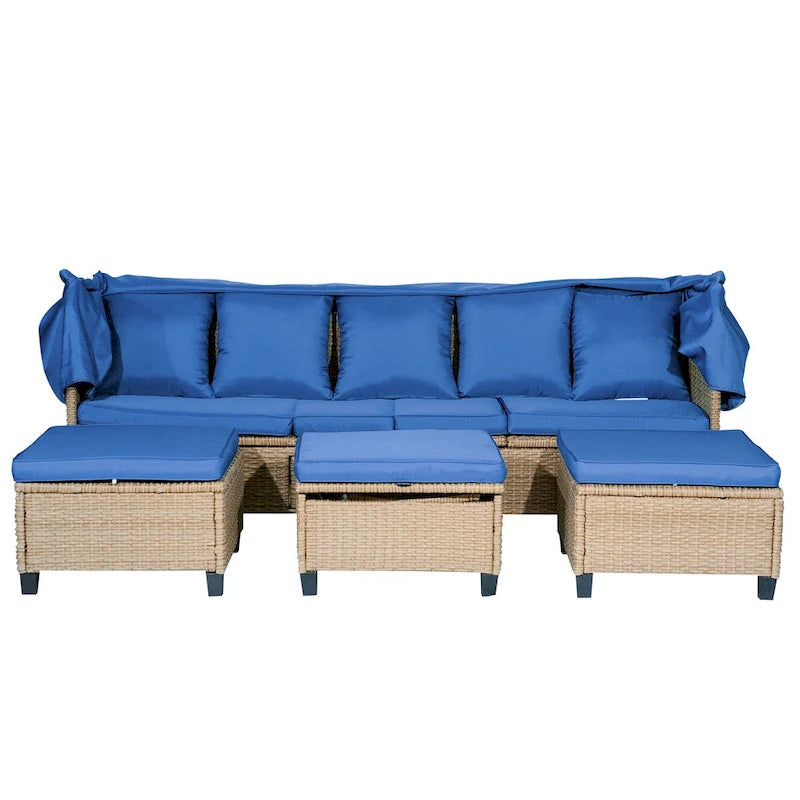 Ensemble de canapé de patio 4 pièces en résine tressée anti-UV avec auvent rétractable, coussins et table relevable