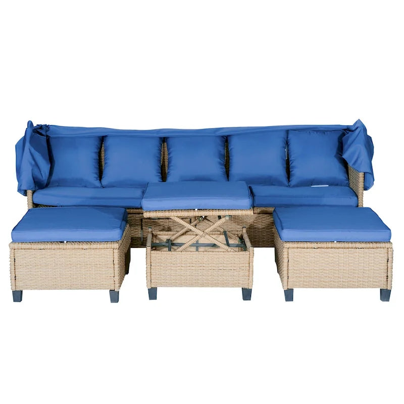 Ensemble de canapé de patio 4 pièces en résine tressée anti-UV avec auvent rétractable, coussins et table relevable