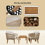 Set divano da conversazione per patio esterno in legno massello da 4 pezzi con tavolino da caffè