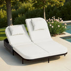 Outdoor Patio Iron Frame Double Daybed Sunbed with 5-Position Adjustable Backrest and Pillows
