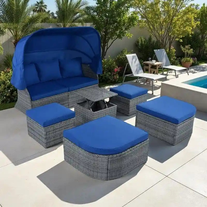 Ensemble transat de jardin rond en rotin 6 pièces avec auvent rétractable et table relevable