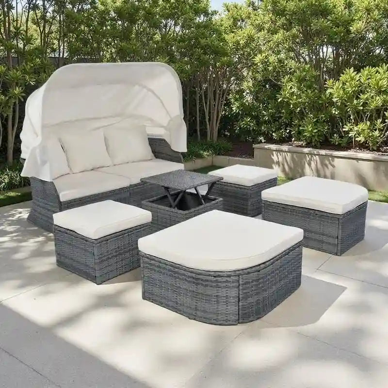 6-Pieces Outdoor Patio Rattan Round Daybed Sunbed Set with Retractable Canopy and Lift Table