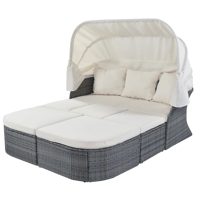 Ensemble transat de jardin rond en rotin 6 pièces avec auvent rétractable et table relevable