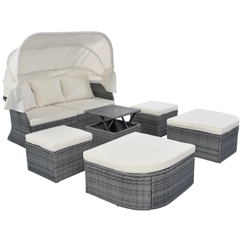Ensemble transat de jardin rond en rotin 6 pièces avec auvent rétractable et table relevable