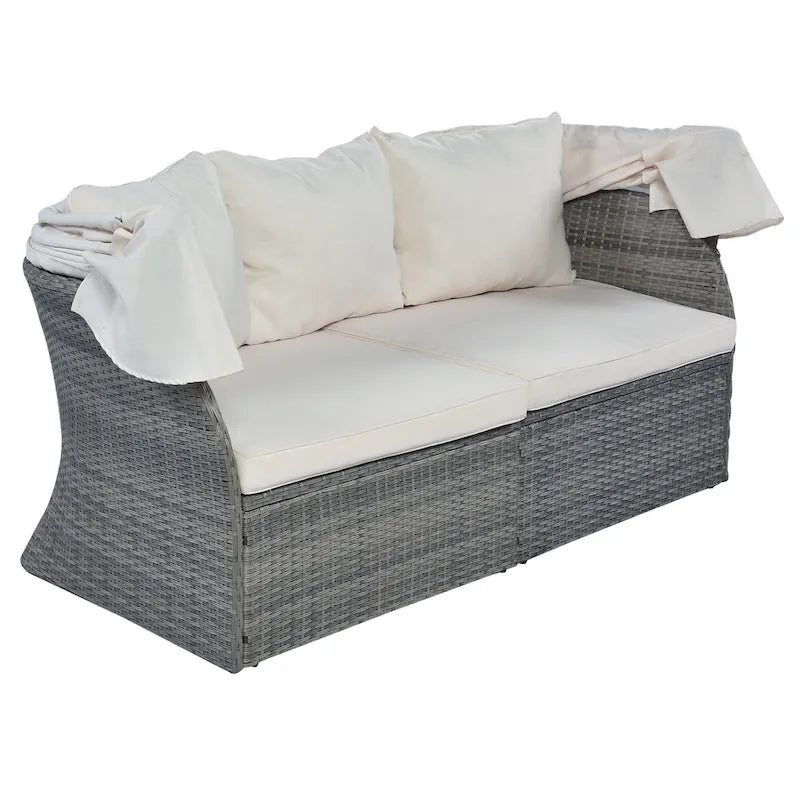 Ensemble transat de jardin rond en rotin 6 pièces avec auvent rétractable et table relevable