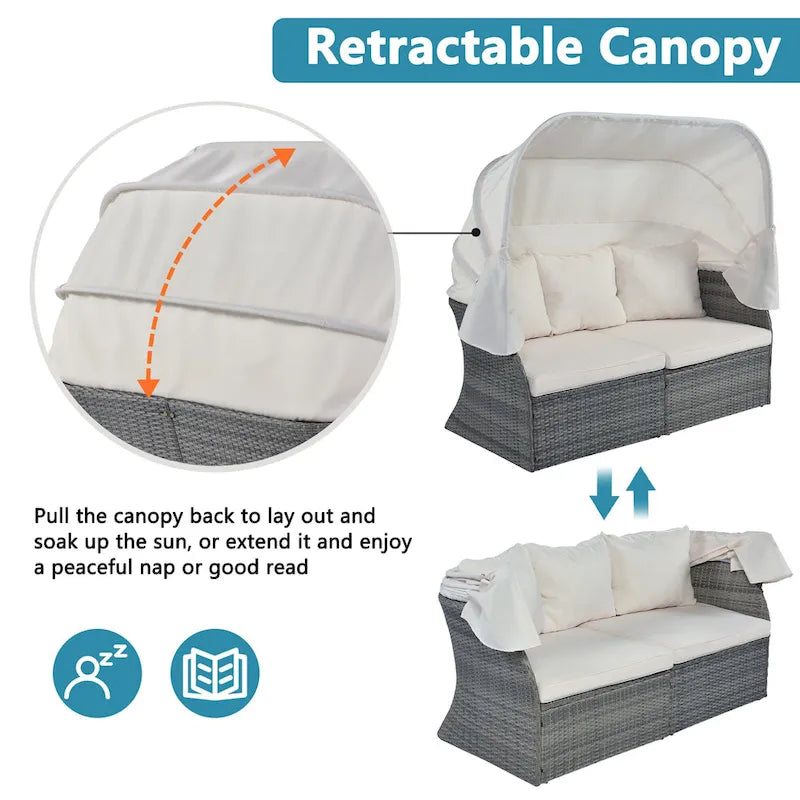 Ensemble transat de jardin rond en rotin 6 pièces avec auvent rétractable et table relevable
