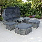 Ensemble transat de jardin rond en rotin 6 pièces avec auvent rétractable et table relevable