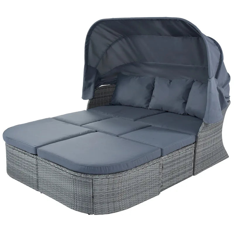 Ensemble transat de jardin rond en rotin 6 pièces avec auvent rétractable et table relevable