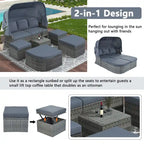 Ensemble transat de jardin rond en rotin 6 pièces avec auvent rétractable et table relevable
