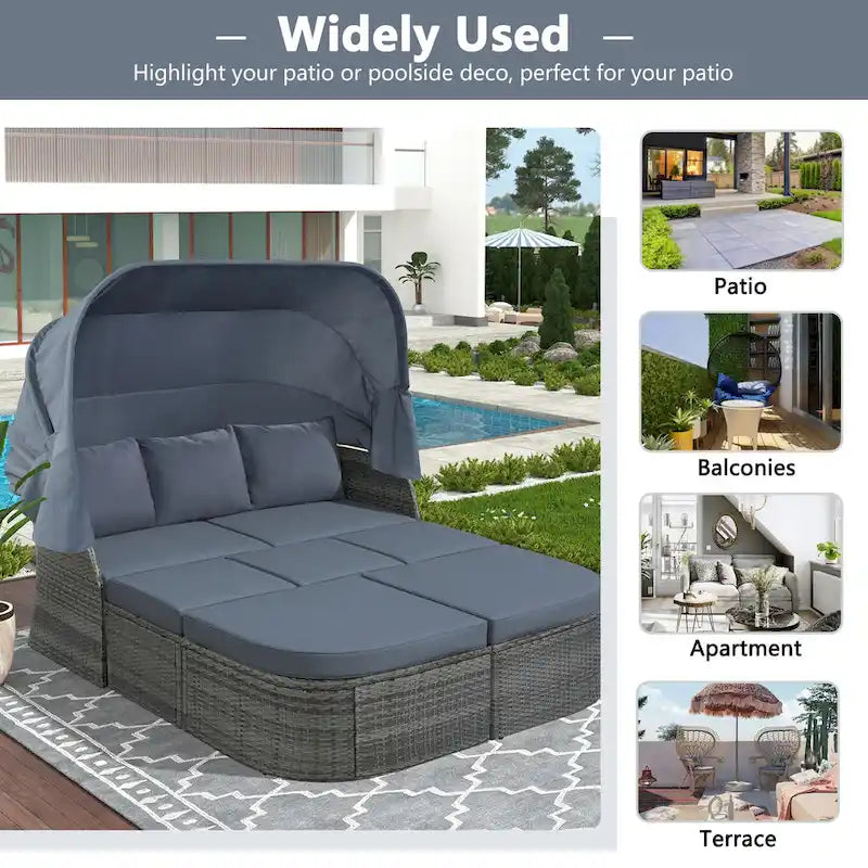 Ensemble transat de jardin rond en rotin 6 pièces avec auvent rétractable et table relevable