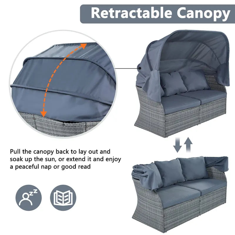 Ensemble transat de jardin rond en rotin 6 pièces avec auvent rétractable et table relevable