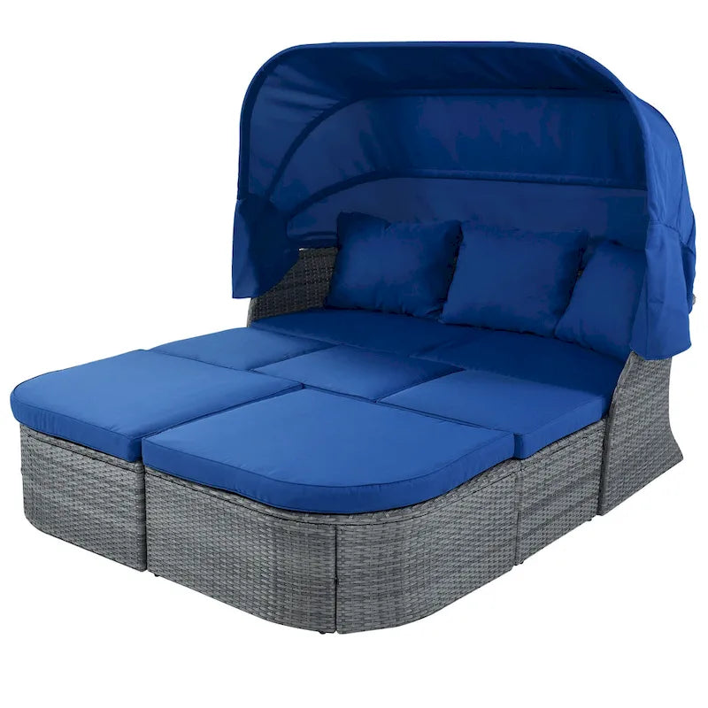 Ensemble transat de jardin rond en rotin 6 pièces avec auvent rétractable et table relevable