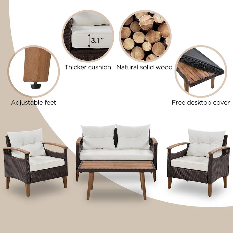 Set da 4 pezzi con tavolo in legno per esterni