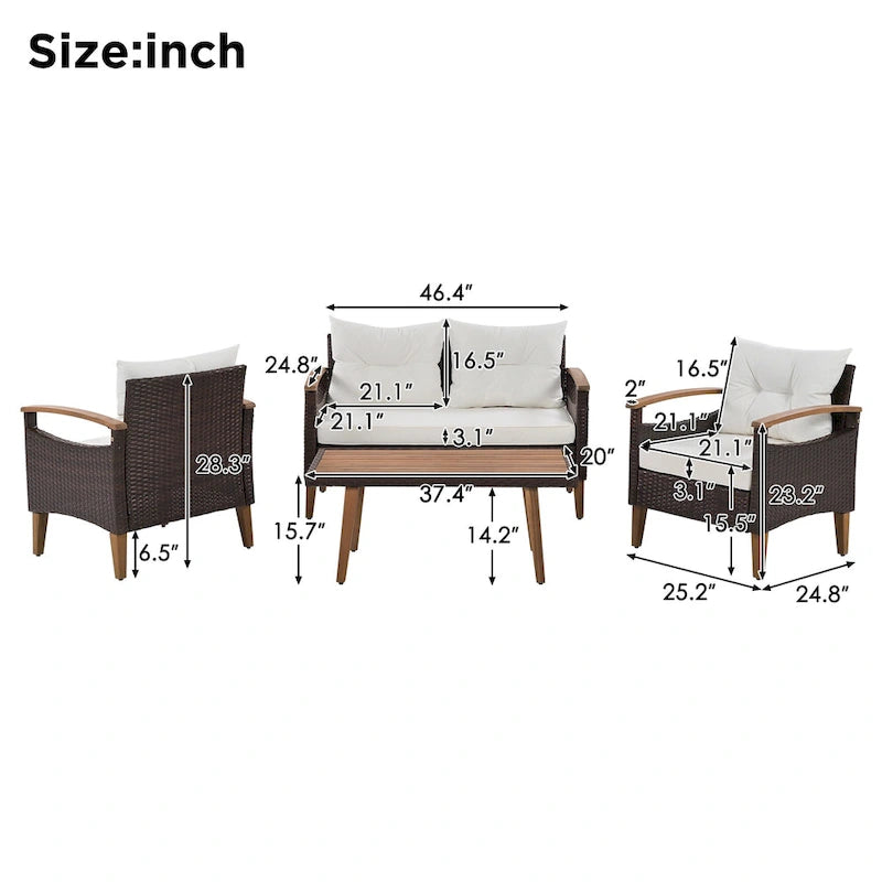Set da 4 pezzi con tavolo in legno per esterni
