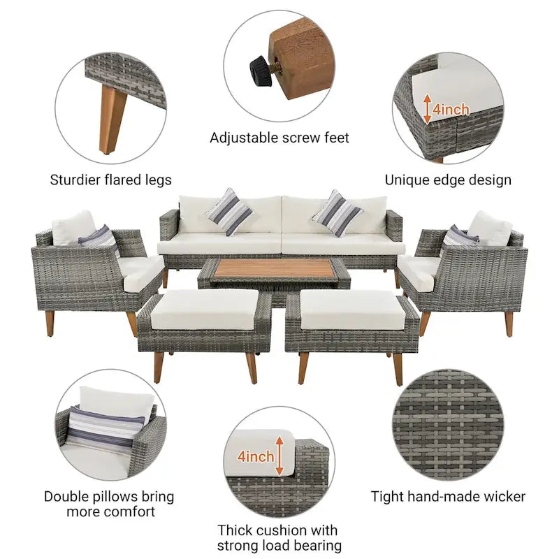 Set divano a 6 pezzi in rattan PE con cuscini e tavolino da caffè