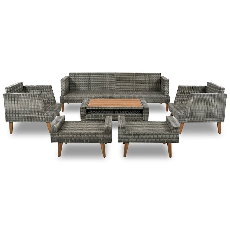 Set divano a 6 pezzi in rattan PE con cuscini e tavolino da caffè