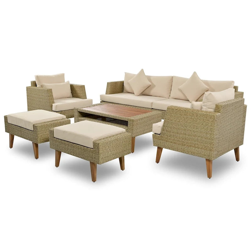 Set divano a 6 pezzi in rattan PE con cuscini e tavolino da caffè