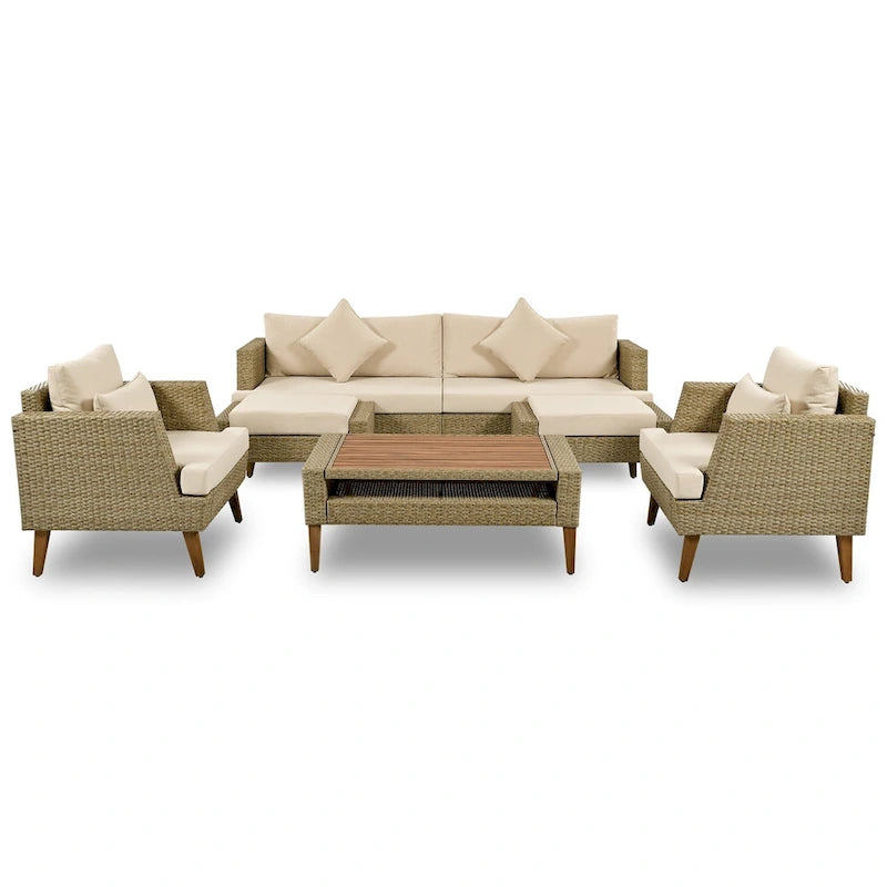 Set divano a 6 pezzi in rattan PE con cuscini e tavolino da caffè