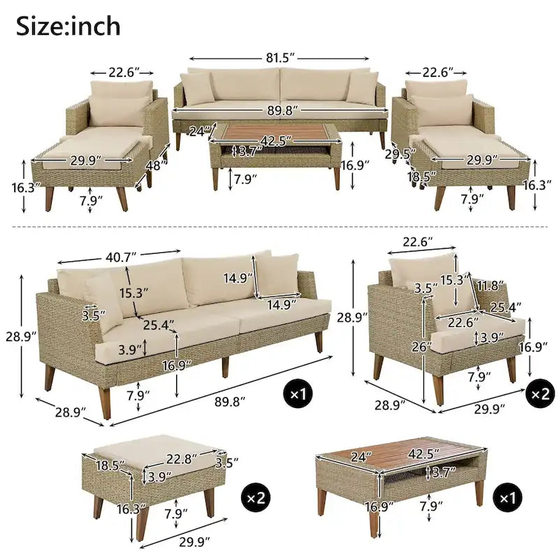 Set divano a 6 pezzi in rattan PE con cuscini e tavolino da caffè