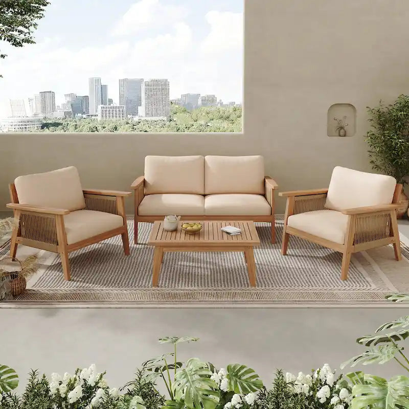 Outdoor 4-piece Acacia Wood and Rope Sectional Patio Sofa Set