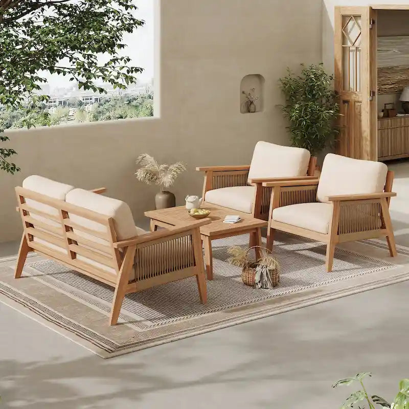 Set da esterno divano angolare a 4 pezzi in legno di acacia e corda
