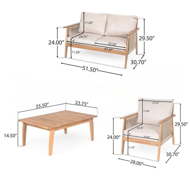 Set da esterno divano angolare a 4 pezzi in legno di acacia e corda
