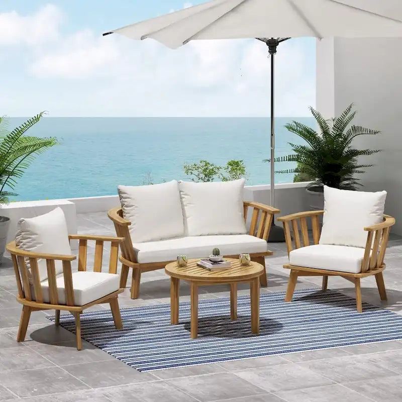 Roomfitters 4-Piece Acacia Wood Patio Furniture Set, Outdoor Deep Seating Conversation Set with Cushions and Table, Cream