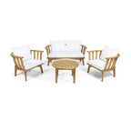 Set di mobili da patio in acacia a 4 pezzi Roomfitters, set da conversazione per esterni con divano profondo, cuscini e tavolo, crema