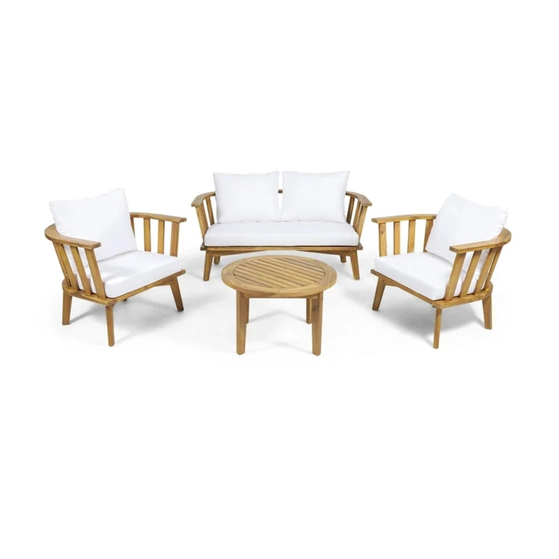 Set di mobili da patio in acacia a 4 pezzi Roomfitters, set da conversazione per esterni con divano profondo, cuscini e tavolo, crema