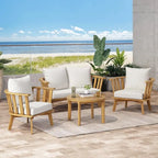 Set di mobili da patio in acacia a 4 pezzi Roomfitters, set da conversazione per esterni con divano profondo, cuscini e tavolo, crema
