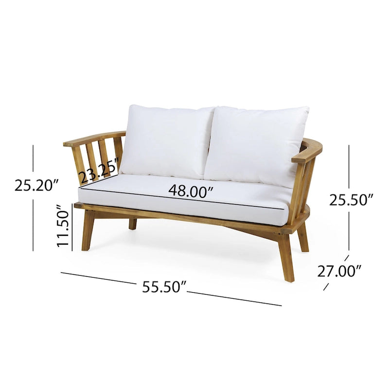 Set di mobili da patio in acacia a 4 pezzi Roomfitters, set da conversazione per esterni con divano profondo, cuscini e tavolo, crema