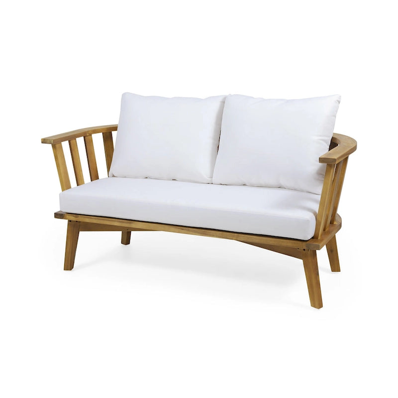 Set di mobili da patio in acacia a 4 pezzi Roomfitters, set da conversazione per esterni con divano profondo, cuscini e tavolo, crema
