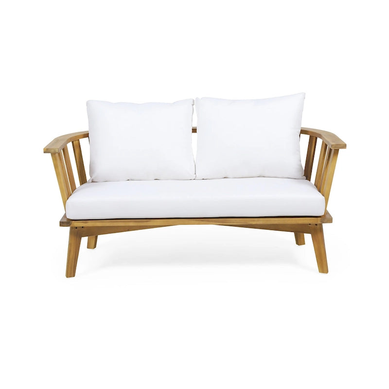 Set di mobili da patio in acacia a 4 pezzi Roomfitters, set da conversazione per esterni con divano profondo, cuscini e tavolo, crema