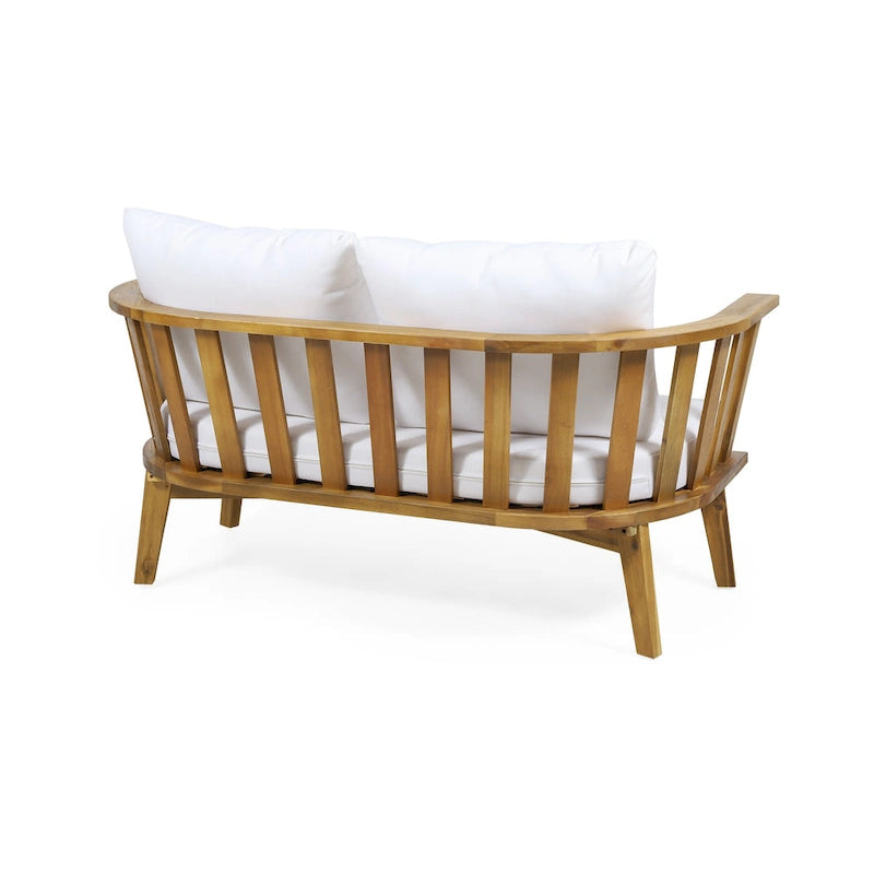 Set di mobili da patio in acacia a 4 pezzi Roomfitters, set da conversazione per esterni con divano profondo, cuscini e tavolo, crema