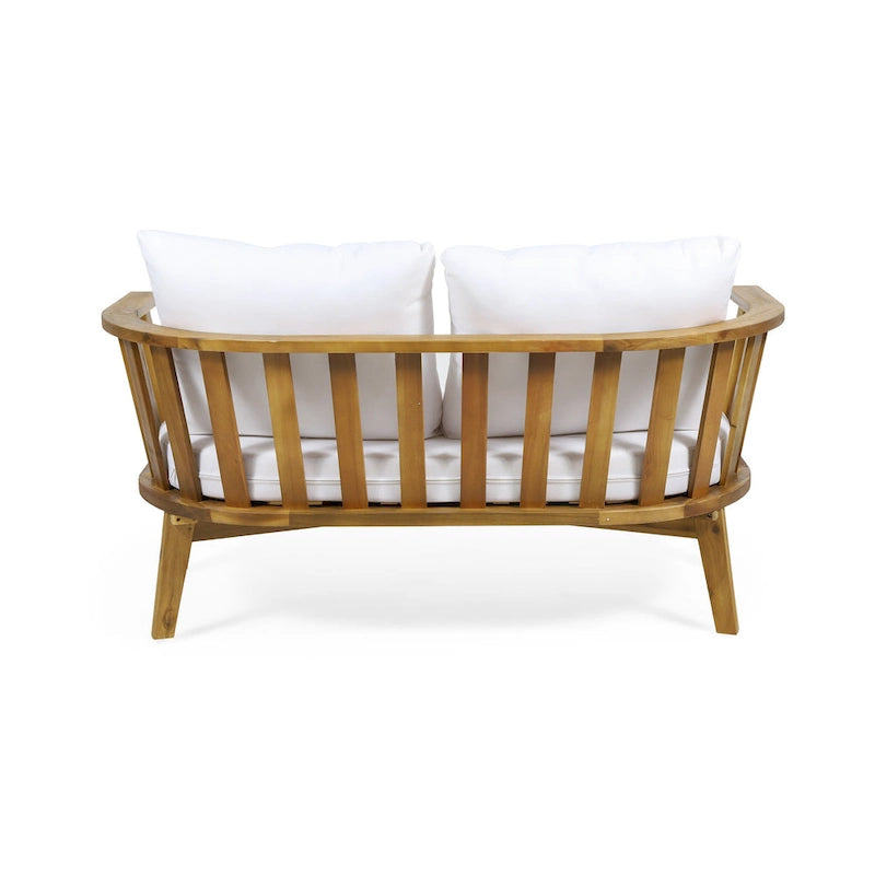 Set di mobili da patio in acacia a 4 pezzi Roomfitters, set da conversazione per esterni con divano profondo, cuscini e tavolo, crema