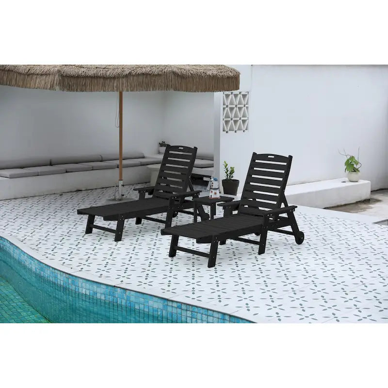 Ensemble de 3 chaises longues surdimensionnées, chaises longues de patio toutes saisons avec 5 positions, roues et porte-gobelet