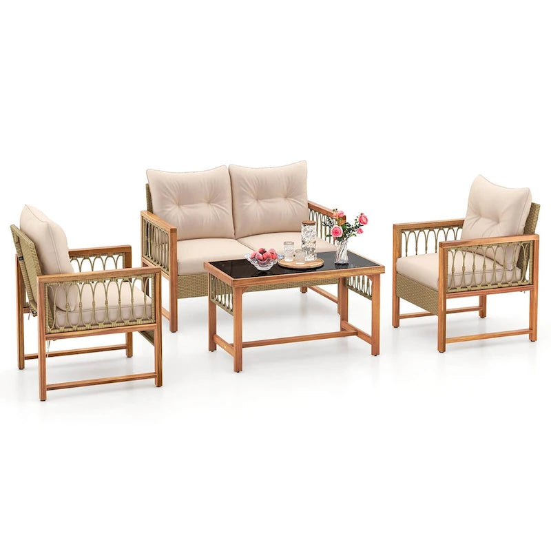 Set di mobili da giardino Costway 4 pezzi con cuscini e struttura in legno di acacia - Vedi dettagli