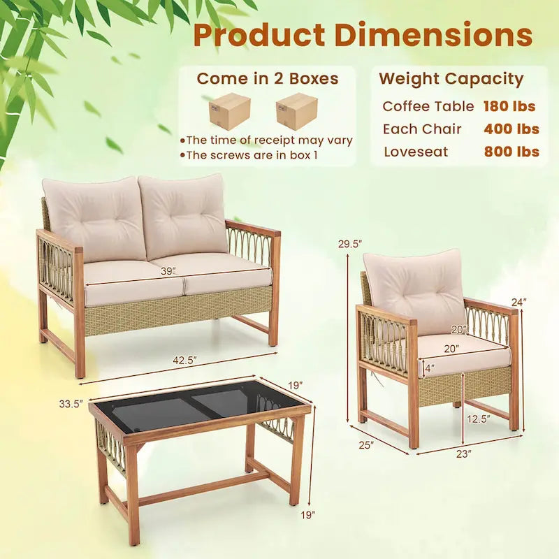 Set di mobili da giardino Costway 4 pezzi con cuscini e struttura in legno di acacia - Vedi dettagli