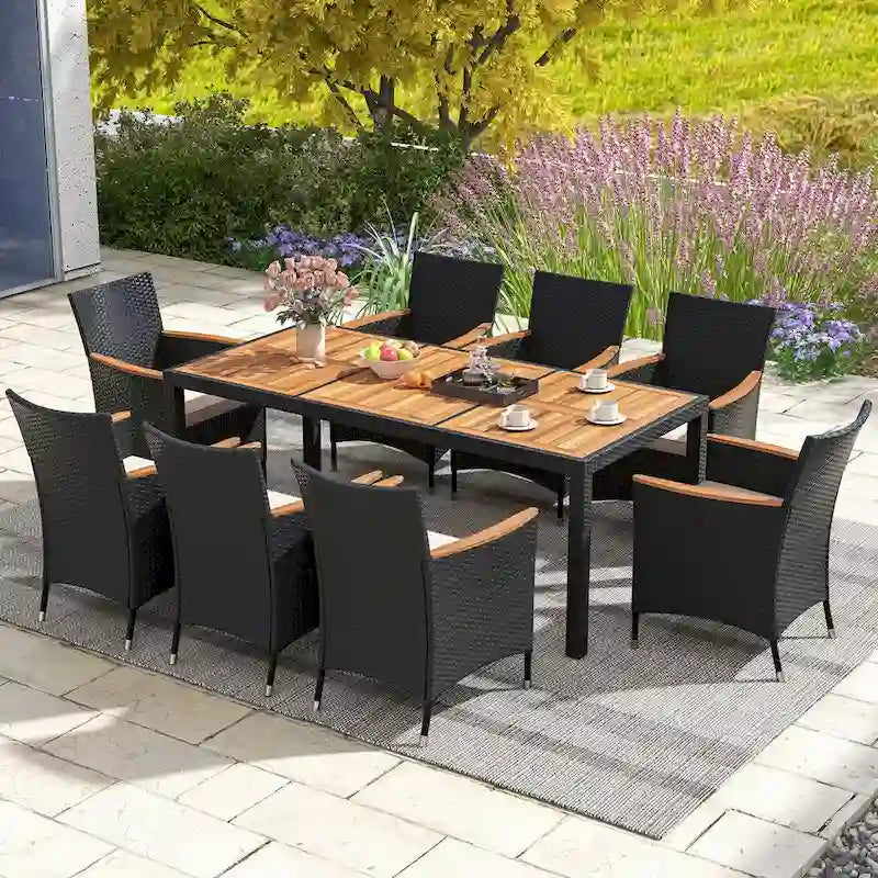 Costway 9 PCS Outdoor Dining Set with Acacia Wood Tabletop, Umbrella - See Details