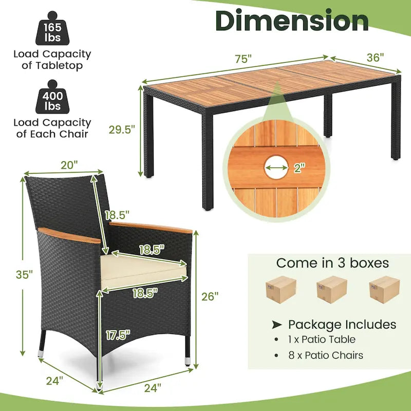 Ensemble de salle à manger d'extérieur Costway 9 pièces avec plateau de table en bois d'acacia, parasol - Voir détails