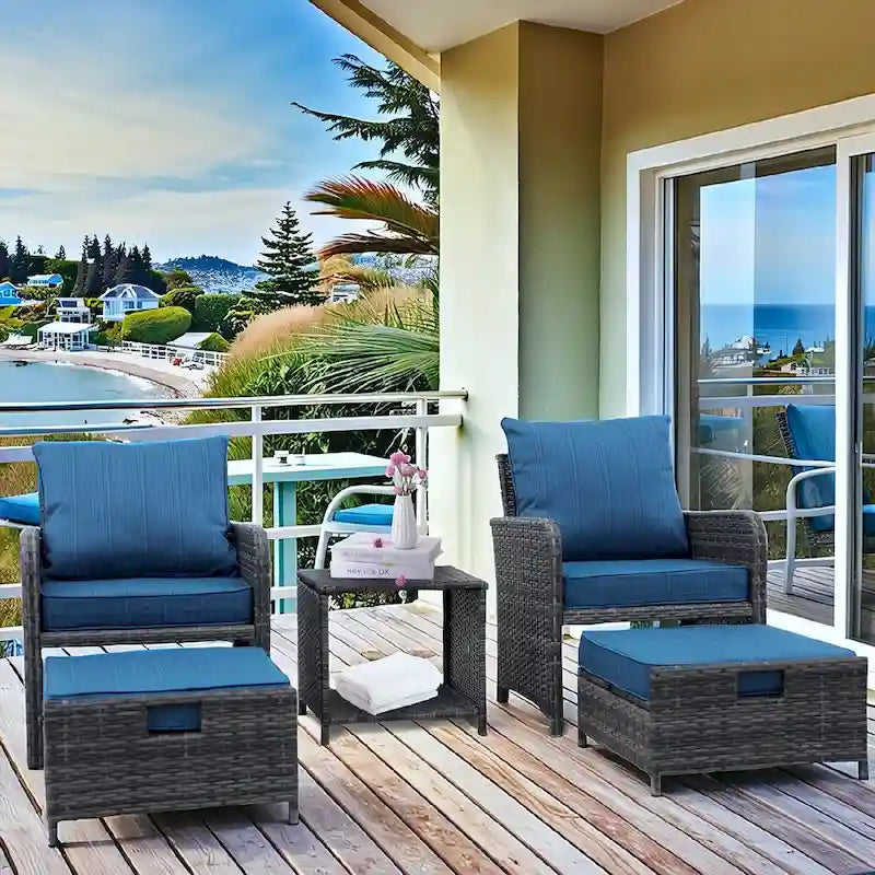 5-Piece Wicker Patio Chair Set with Ottomans and Coffe Table