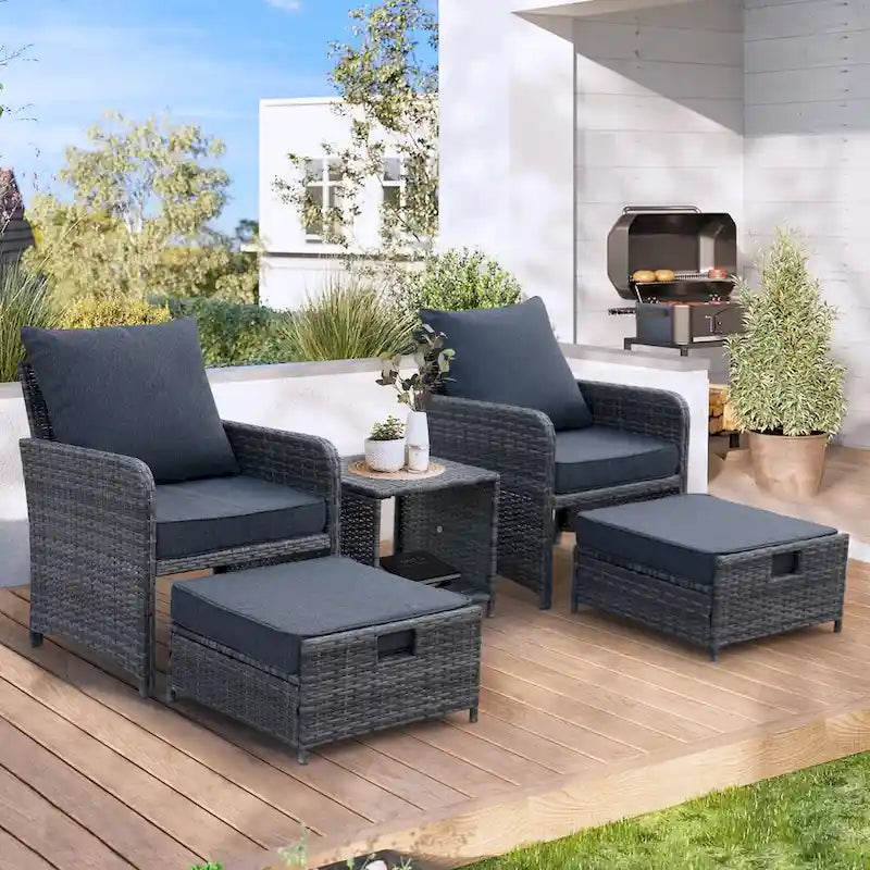Ensemble de 5 chaises de patio en osier avec repose-pieds et table basse