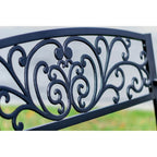 Panca da giardino nera con schienale a volute, lunghezza 127 cm