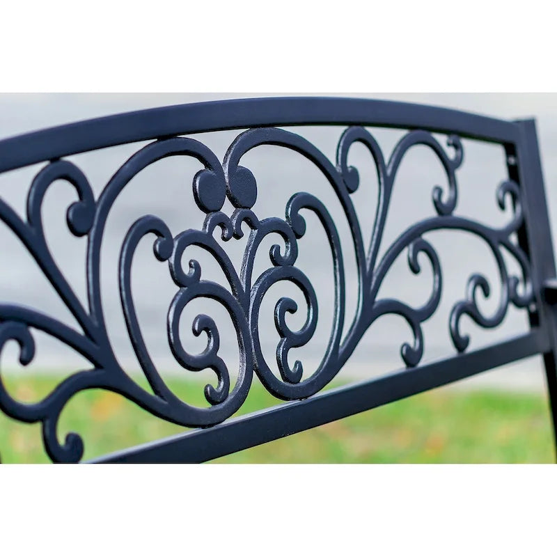 Panca da giardino nera con schienale a volute, lunghezza 127 cm