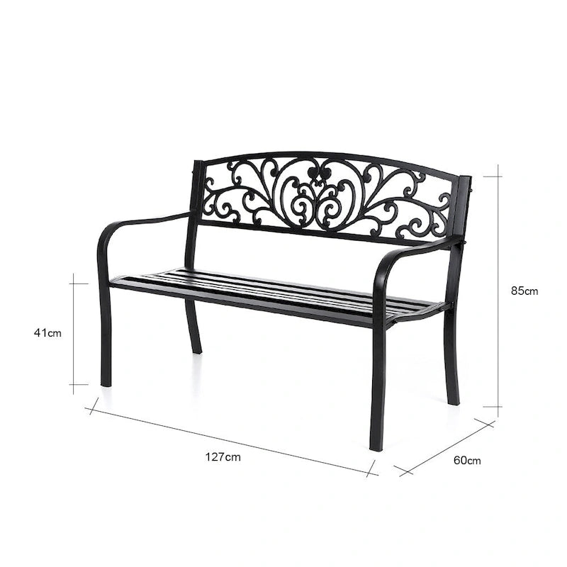 Panca da giardino nera con schienale a volute, lunghezza 127 cm