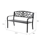 Panca da giardino nera con schienale a volute, lunghezza 127 cm
